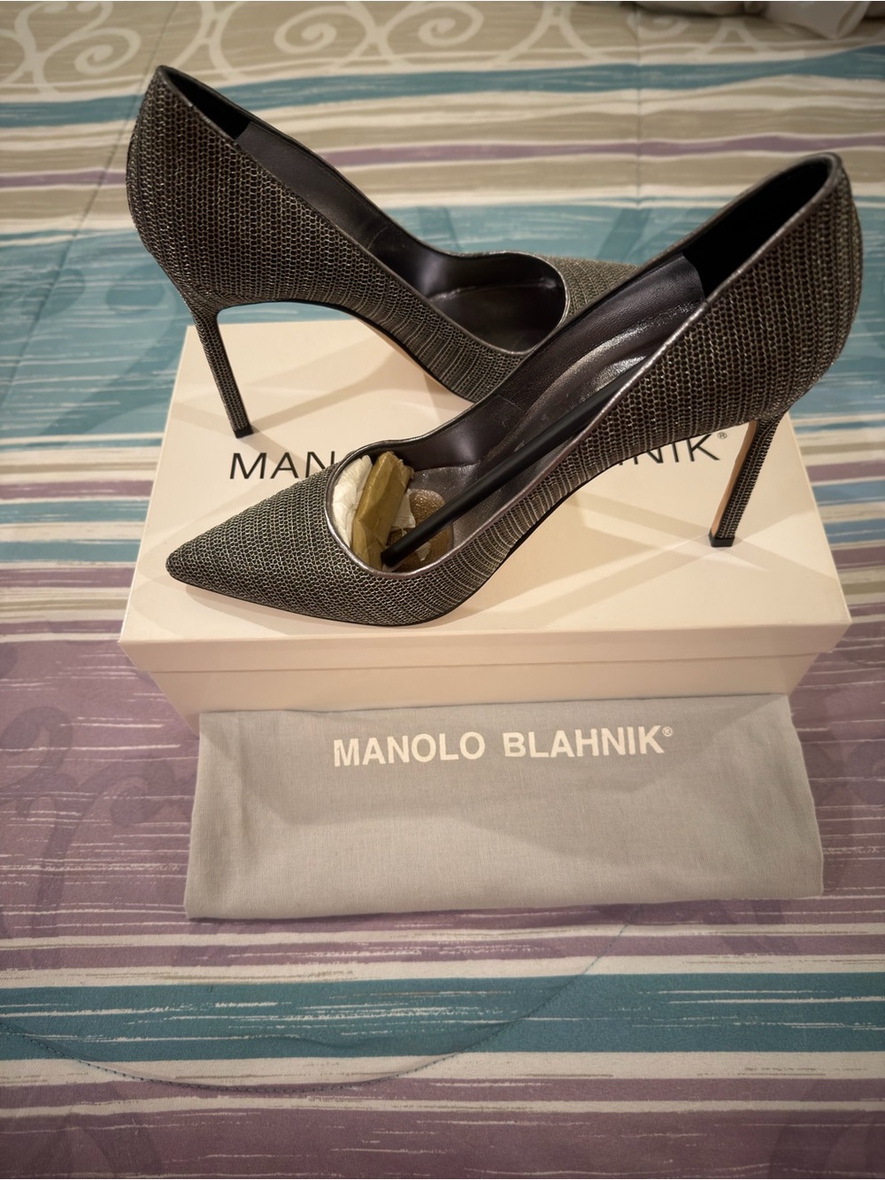 Manolo Blahnik Black Textured Pointed-Toe Stiletto Pumps